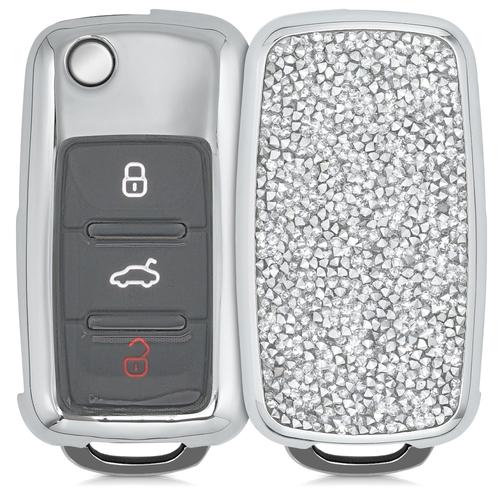 Kwmobile Accessoire Clé De Voiture Compatible Avec Vw Skoda Seat 3-Bouton - Coque De Protection En Plastique Rigide Avec Strass - Argenté