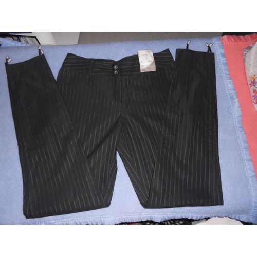 Pantalon Tissu Soyeux Noir À Fines Rayures Argentées T40 Neuf Avec Étiquette Prix