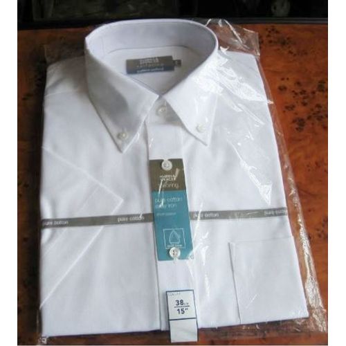 Chemise Blanche Manches Courtes Pour Homme - Pointes De Col Boutonnées - Marks & Spencer - Coton Oxford - Taille 38cm/15"- Chemise Vintage Ancienne Mais Encore Sous Cellophane