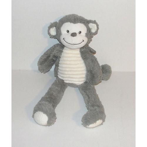 Doudou Singe Tex Couleur Gris Beige Peluche Singe Cotelé Devant 37 Cm