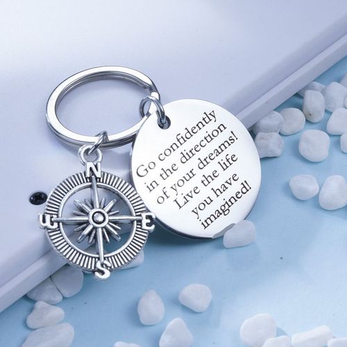 Porte-clés en acier inoxydable avec pendentif gravé avec texte de boussole Argent