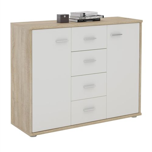 Buffet Elodie, Commode Meuble De Rangement Avec 4 Tiroirs Et 2 Portes, En Mélaminé Décor Chêne Sonoma Et Blanc Mat