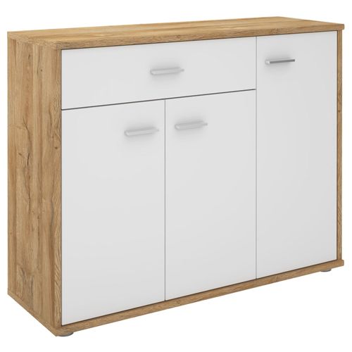 Buffet Coraline, Commode Meuble De Rangement Avec 1 Tiroir Et 3 Portes, En Mélaminé Décor Chêne Sauvage Et Blanc Mat