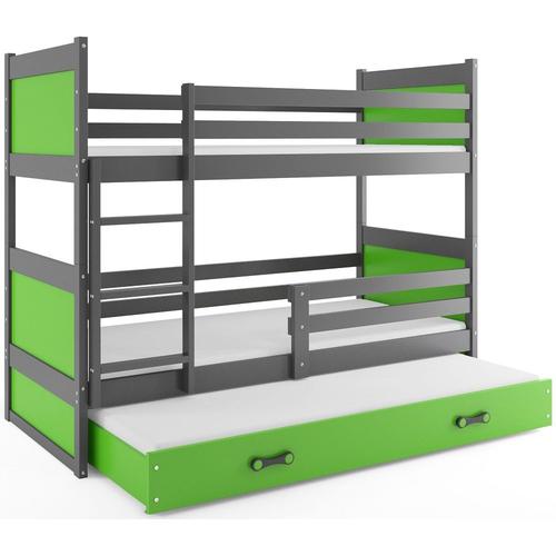 Lit Superposé Rico 3 Places 160x80 Avec 3 Matelas De Mousse 7cm Et Sommiers En Gris+Vert