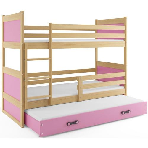 Lit Superposé Rico 3 Places 200x90 Avec 3 Matelas De Mousse 7cm Et Sommiers En Pin+Rose