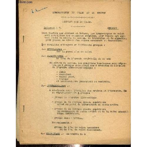 Lot De Cours De Médecine : Artère Mésentérique Inférieure / Veine Cave Inférieure / Oesphage / Vaisseaux Et Nerfs De L Estomac / Pylore / Crosse De L Aorte / Lymphatiques Du Colon Et Du Rectum / ...