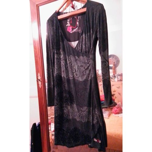 Robe Grise Motifs Bleus Clairs Imprimé Velours Noir 40 L Desigual.