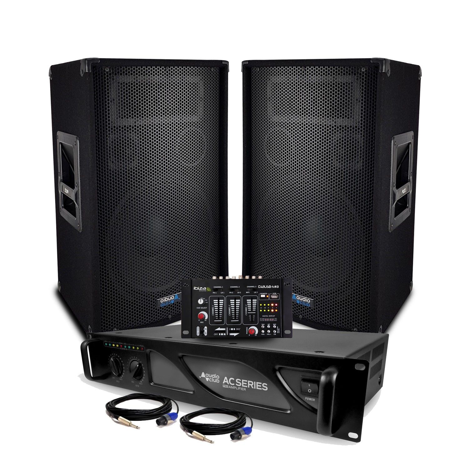 Pack Sonorisation - AUDIO CLUB 1010 DJ Bass Reflex Enceintes à 3 voies - 800W - Amplificateur 1000W - Table de mixage IBIZA USB