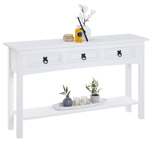 Table Console Rural Table D'appoint Rectangulaire En Pin Massif Blanc Avec 3 Tiroirs, Meuble D'entrée Style Mexicain En Bois