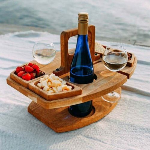 Table De Pique-Nique Pliante En Bois Avec Support En Verre, Bureau Rond Et Pliable, Support Pour Verres À Vin, Plateau De Collation Pour Fête Au Jardin