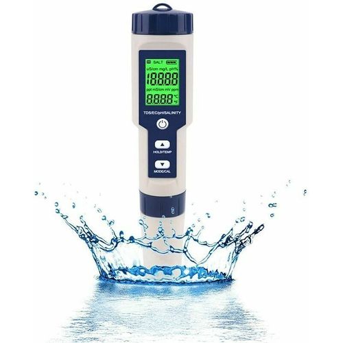 Testeur pH Metre Electronique 5 en 1 Mesure du pH, TDS, EC, Salinite et Temperature Ecran LCD avec Precision de Lecture Convient pour l'Eau Potable, les Aquariums, les Piscines, etc. goodnice