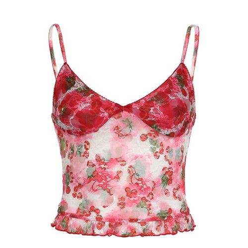 Cibbar-Haut Court En Maille Vintage Pour Femme,Imprimé Floral,Patchwork De Fibres,Bretelles Spaghetti,T-Shirts Esthétiques Sexy,Y2k,Été