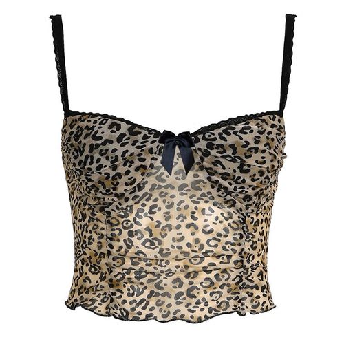 Cibbar-Haut Court À Imprimé Léopard Rétro Pour Femme,Caraco Vintage Des Années 2000,N?ud Cousu,Haut À Bretelles En Fibre De Dentelle,T-Shirt En Maille Transparente,Été,Y2k