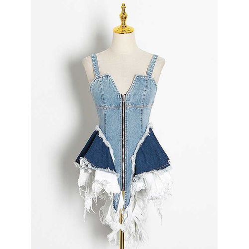 Twotwurea Yle-Tunique En Denim Patchwork Pour Femme,Col Carré En Y,Bretelles Spaghetti,Volants En Maille,Gilets Pour Documents,Sexy