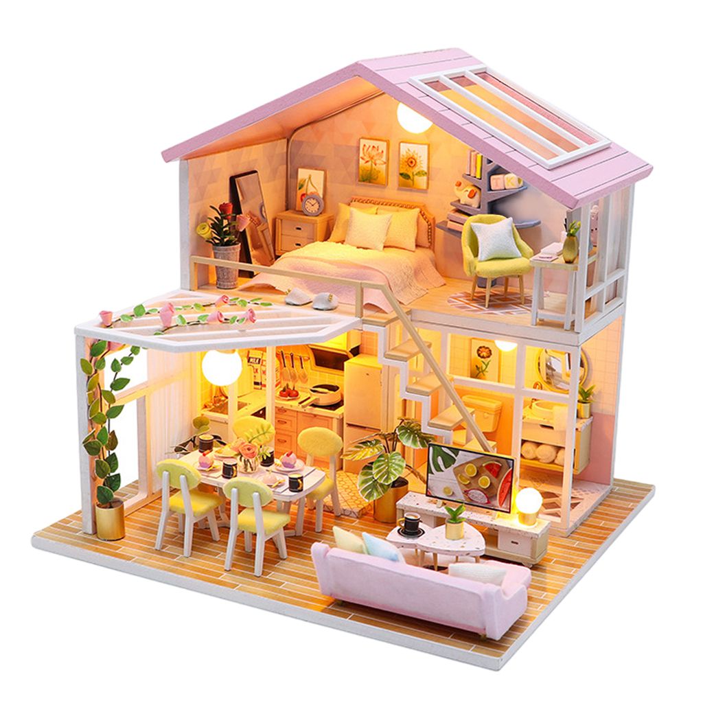 Maison de Poupée en Bois DIY House Modèle Kit Meubles Miniature Interactive Mini Jouet Bricolage Réaliste Cadeaux Saint Valentin pour Les Fille Garçon Enfant
