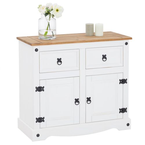 Buffet Campo Commode Bahut Vaisselier En Pin Massif Blanc Et Brun Avec 2 Tiroirs 2 Portes Meuble De Rangement Style Mexicain En Bois