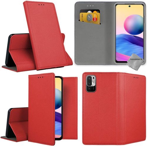 Housse Etui Coque Pochette Portefeuille Pour Xiaomi Redmi Note 10 5g + Film Ecran - Rouge Magnet