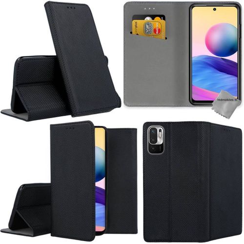 Housse Etui Coque Pochette Portefeuille Pour Xiaomi Redmi Note 10 5g + Verre Trempe - Noir Magnet