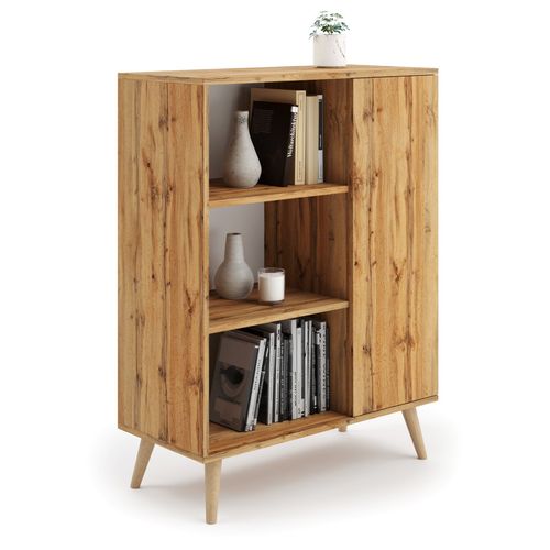 Meuble Buffet, Commode, Style Scandinave, Armoire 1 Porte Et 3 Étagères- Blanc / Naturel Fondi