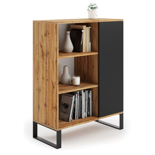 Meuble Buffet, Commode, Style Industriel , Armoire 1 Porte Et 3 Étagères Naturel / Noir Fondi