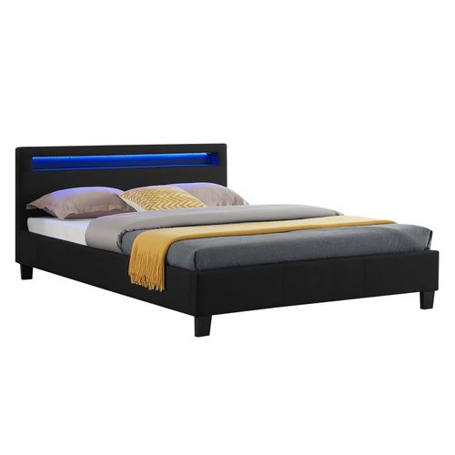 Lit Double Pour Adulte Rioja Avec Sommier 140x190 Cm 2 Places 2 Personnes, Tête De Lit Avec Led Intégrées, En Tissu Noir