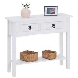 Table Console Rural Table D'appoint Rectangulaire En Pin Massif Blanc Avec 2 Tiroirs, Meuble D'entrée Style Mexicain En Bois