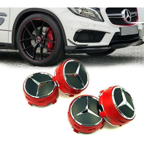 4x Cache Moyeux Centre Roue Mercedes Classe A, B, C, E, S, Slk, A45, Amg - Rouge