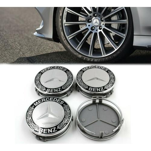 4x Cache Moyeux Centre Roue Mercedes Classe A, B, C, E, S, Slk,Amg - Noir Silver