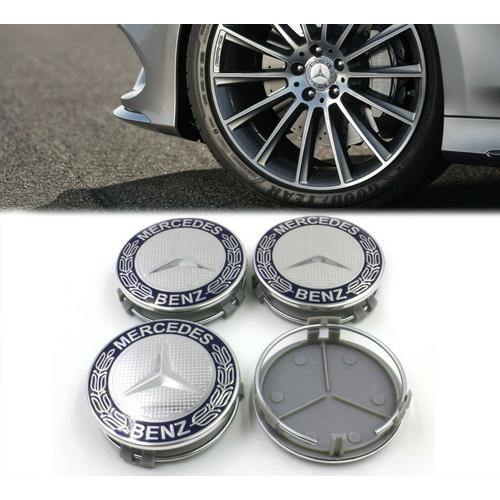 4x Cache Moyeux Centre Roue Mercedes Classe A,B,C,E,S,Slk,Amg - Bleu Nuit 75mm