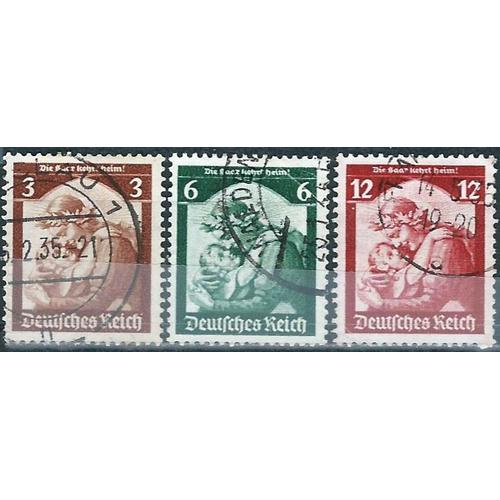 Allemagne, 3ème Reich 1935, Beaux Timbres Yvert 524 525 526, Retour De La Sarre Au Sein Du Reich, Filigrane Croix Gammées, Oblitérés, Tbe.