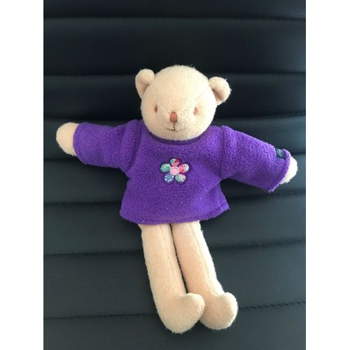 Peluche Doudou Ours Avec Son Pull Violet À Fleur Trousselier 24 Cm