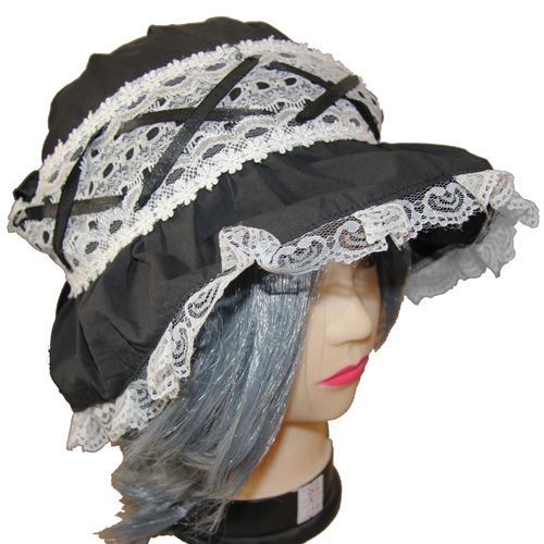 Expédié De Paris - Bonnet Chapeau Maid Soubrette Dentelle Lacets Lolita Japonais Victorien Mayen Age Noir Blanc Festival