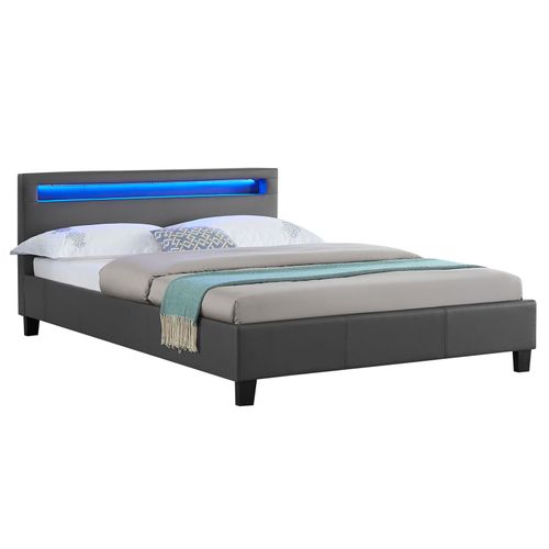 Lit Double Pour Adulte Pinot Avec Sommier 140x190 Cm 2 Places 2 Personnes, Tête De Lit Avec Led Intégrées, En Synthétique Gris