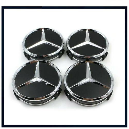 4x Cache Moyeux Centre Roue Dia 75mm Mercedes Logo Badge Emblème Silver Noir