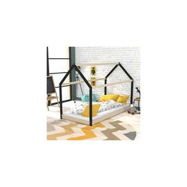 Lit Cabane Panda 90x190 + 1 Sommier / Naturel Et Noir/ 195x134x97 Cm