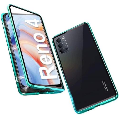 Coque Pour Oppo Reno 4 5g Cover 360 Degrés Protection Étui Magnétique Adsorption Métal Bumper Frame Flip Case Ultra Mince Housse Transparent Avant Et Arrière Verre Trempé Cover Pour Reno 4 5g,Vert