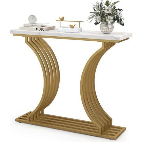 Table Console Costway Imprimée Marbre -100 X 29,5 X 80,5 Cm (L X L X H)- Cadre En Métal Doré - Style Scandinave Moderne