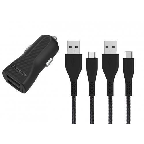 Chargeur De Voiture Energizer 1a 1usb Noir Câble Micro-Usb + Usb-C Vers Usb-A Inclus Garanti À Vie