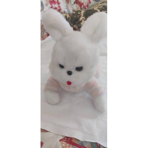 Nounours Vintage Lapin Couché En Pyjama Rayé Rose/Bleu/Jaune