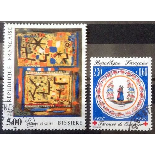 Croix Rouge 1990 - Faïences De Quimper 2,30+0,60 (Très Joli N° 2646) + Roger Bissière - Jaune Et Gris 5,00 (Très Joli N° 2672) Obl - France Année 1990 - Brn83 - N32958
