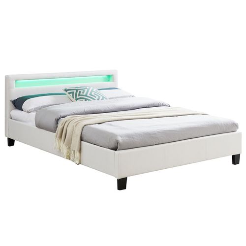 Lit Double Pour Adulte Rioja Avec Sommier 140x190 Cm 2 Places 2 Personnes, Tête De Lit Avec Led Intégrées, En Tissu Blanc