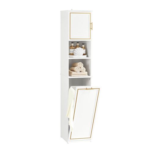 Sobuy Meuble Colonne De Salle De Bain Armoire Haute Étagère Étroite De Salle De Bain Meuble De Rangement Avec 2 Portes, 2 Compartiments Ouverts Et 1 Panier À Linge 33x32x171 Cm, Bzr87-W