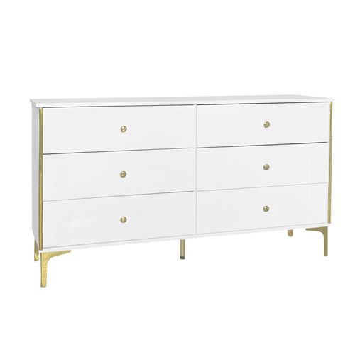 Buffet Commode 6 Tiroirs Blanc, Poignet Et Pieds Dorés 140x35x76cm