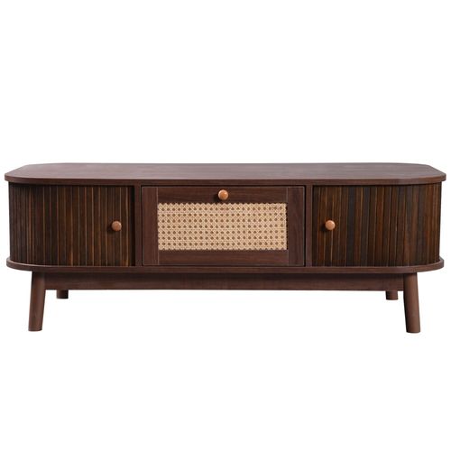 Table Basse Effet Noyer Vintage Et Rotin 1 Tiroir Et 2 Niches