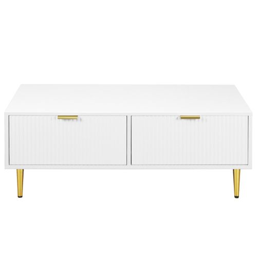 Table Basse Blanche Moderne Avec Poignets Et Pieds Dorés 2 Tiroirs