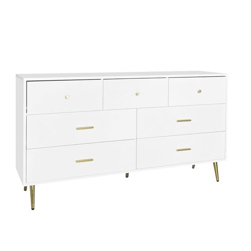 Buffet Commode Blanc 7 Tiroirs Poignées Et Pieds Dorées