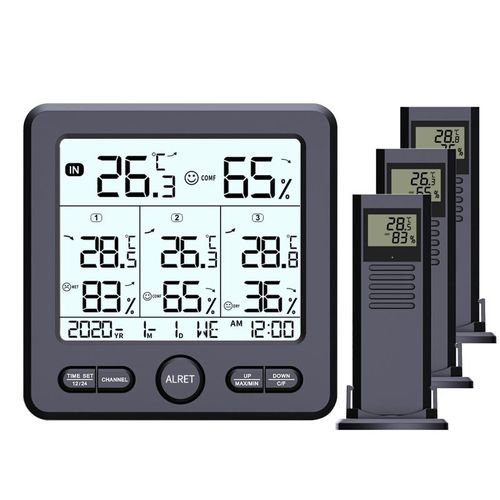Thermomètre/hygromètre numérique avec 3 capteurs déportés Le noir