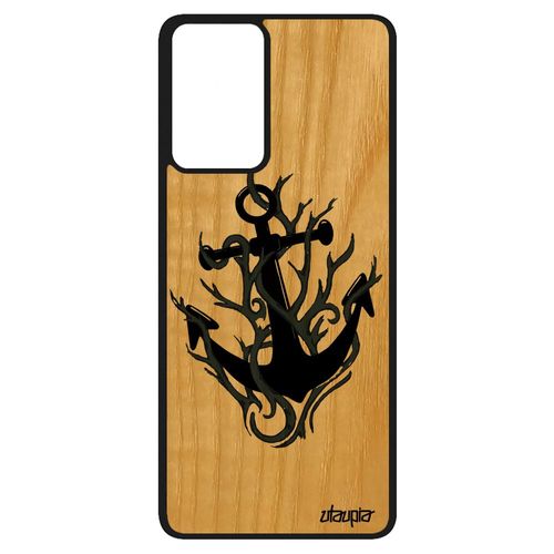 Coque Samsung Galaxy A52 En Bois Veritable Silicone Ancre Imprimé De Bateau Vintage Rigide Tpu Unique Gris Graphique Colore Case Art
