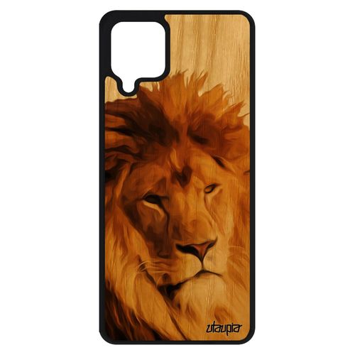 Coque Pour Samsung Galaxy A12 Bois Silicone Lion Caoutchouc Design Housse Beige Nature Peinture Fauve Animaux Portable Felin Rigide