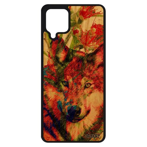 Coque Loup Rigide Samsung Galaxy A12 Bois Naturel Silicone Vert Animaux Telephone Design Nature Predateur Peinture Animal Fleurs De